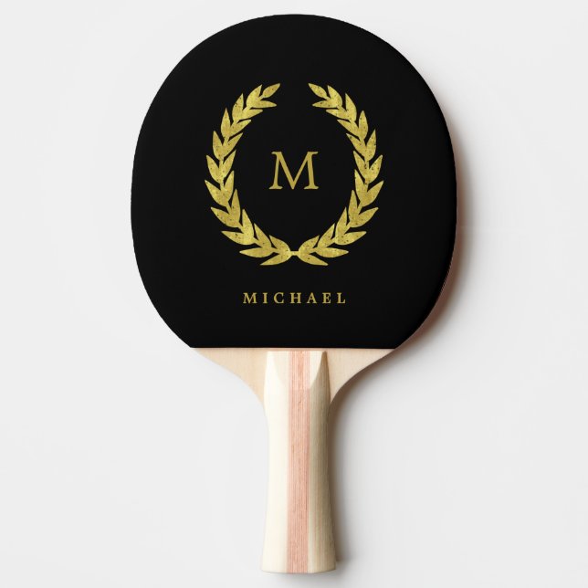 Black and Faux Gold Laurel Wreath with Monogram Ping-Pong Paddle (Front)