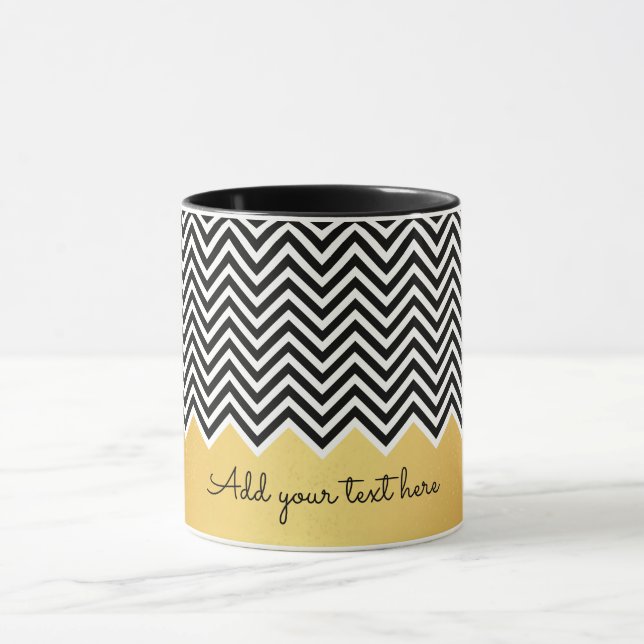 Black and FAUX GOLD Modern Chevron Custom TEXT Mug (Center)
