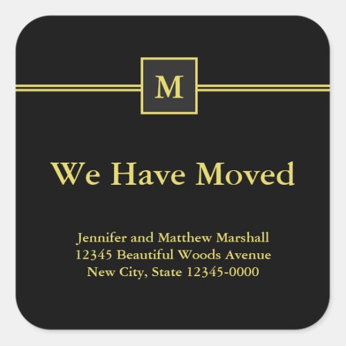 Black and Faux Gold Monogram Moving Announcement Square Sticker