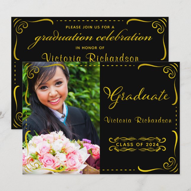 Black and Faux Gold Photo Class of 2024 Graduation Invitation (Front/Back)