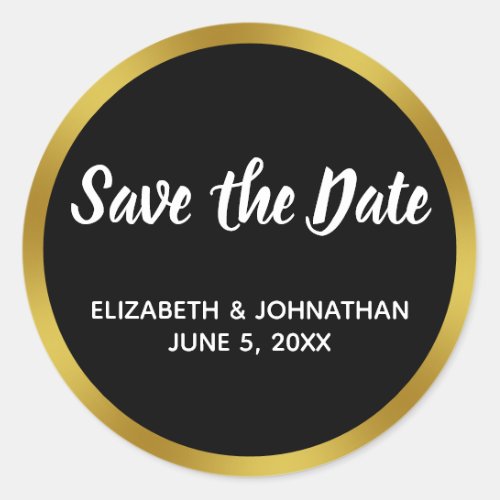 Black and Faux Gold Wedding Save the Date Classic Round Sticker