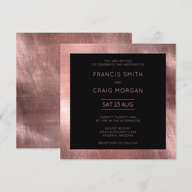 Black and Faux Rose Gold Foil Modern Wedding Invitation (Front/Back)