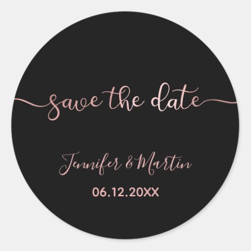 Black and Faux Rose Gold Foil Ombre Save the Date Classic Round Sticker