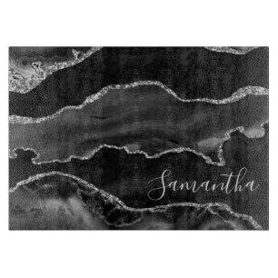 Black and Faux Silver Glitter Marble Agate Cutting Board