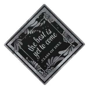 Black and Faux Silver Leaf Elegance Luxury Graduation Cap Topper