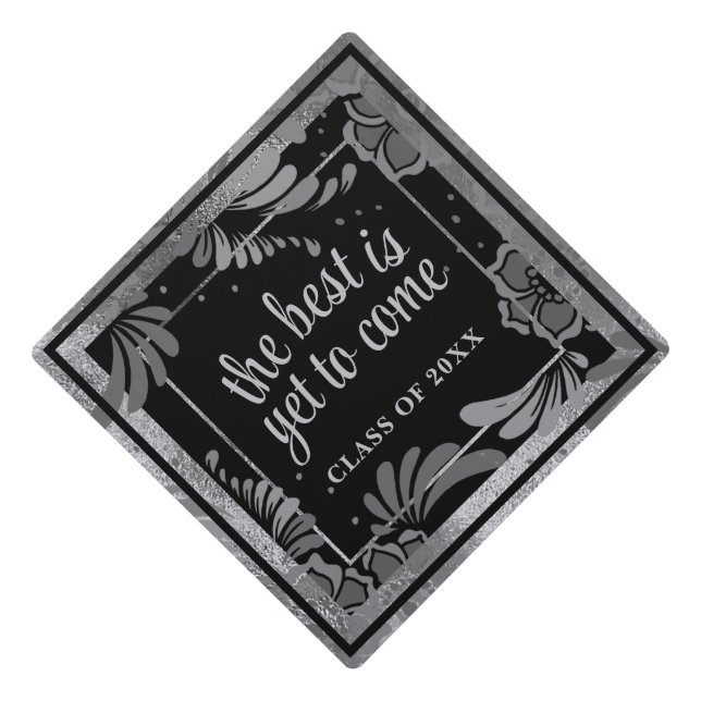 Black and Faux Silver Leaf Elegance Luxury Graduation Cap Topper (Front)