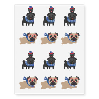 Black and Fawn Patriotic Pugs Temporary Tattoos