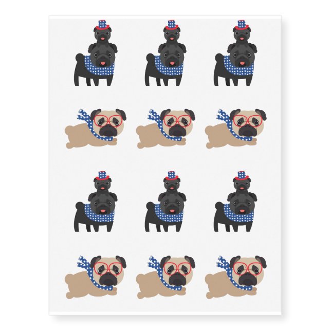 Black and Fawn Patriotic Pugs Temporary Tattoos (Front)