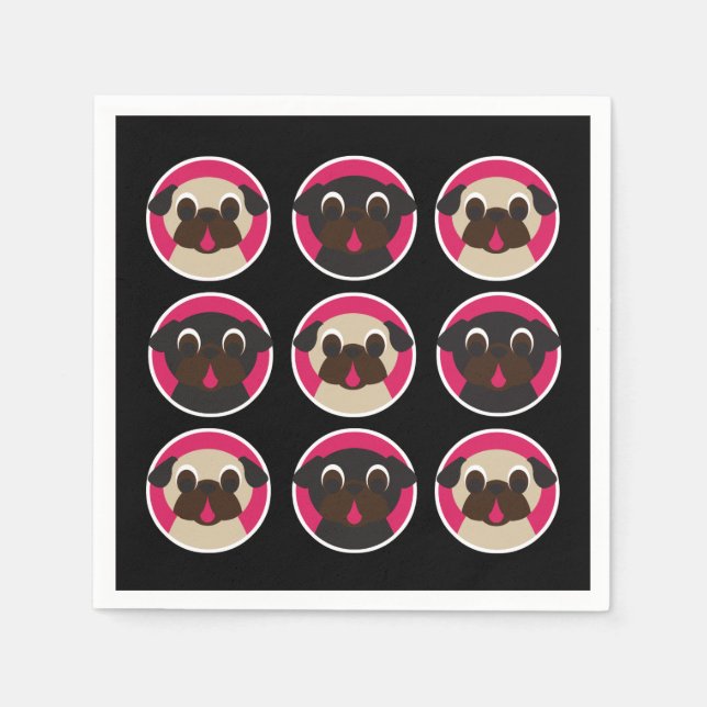 Black and Fawn Pug Heads Birthday Party Paper Napkins (Front)