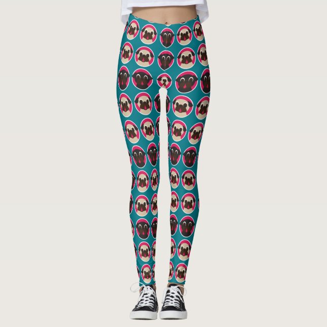 Black and Fawn Pugs in Circles Pattern Leggings (Front)