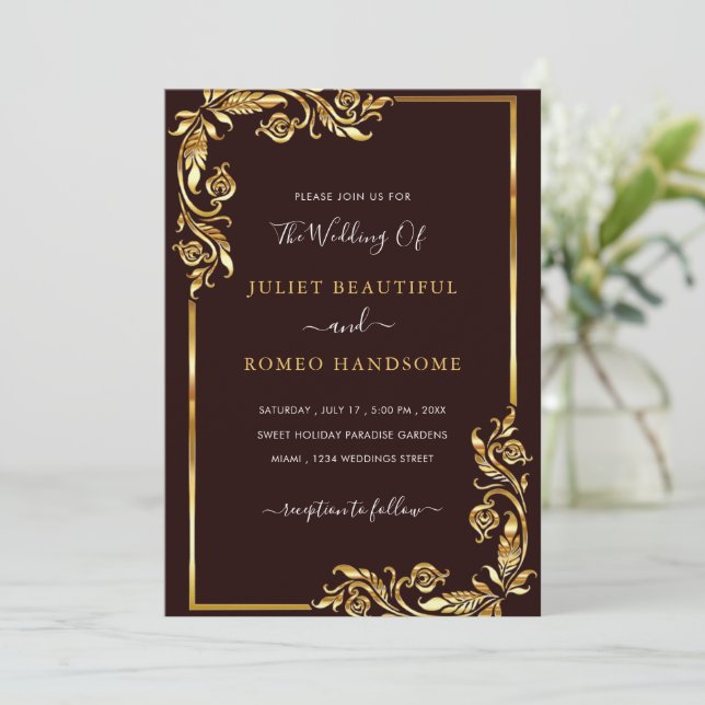 Black and Floral Gold Wedding Invitation Template (Standing Front)