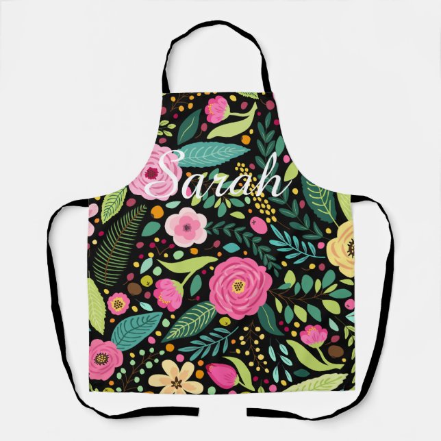 Black and Floral Kitchen Apron Customizable (Front)