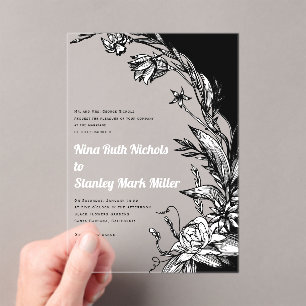 Black and flowers, typography floral wedding acrylic invitations