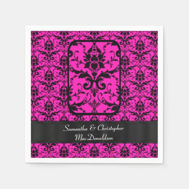 Black and fuchsia pink damask pattern paper napkins (Front)