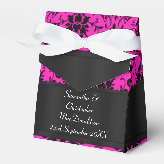 Black and fuchsia pink damask wedding favor boxes (Front Side)