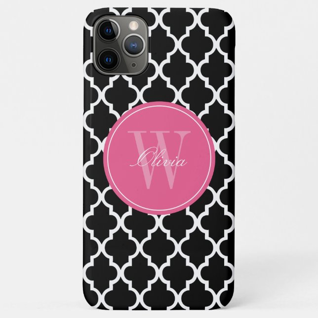 Black and Fuchsia Quatrefoil Monogram Case-Mate iPhone Case (Back)