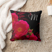 Black and Fuchsia Wild Rose Monogram Accent Pillow (Blanket)