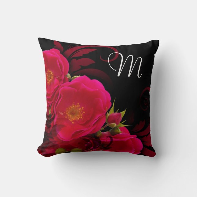 Black and Fuchsia Wild Rose Monogram Accent Pillow (Front)