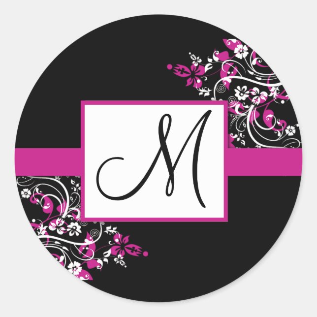 Black and Fuschia Monogram Wedding Stickers (Front)