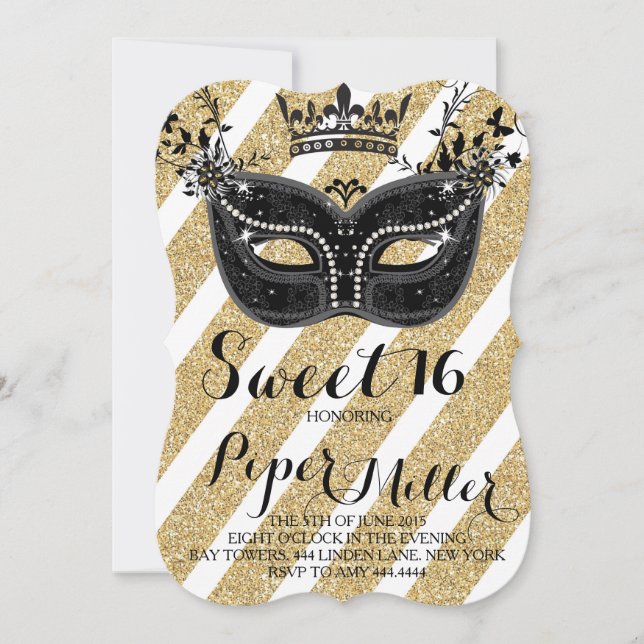 Black and Glitter Gold Masquerade Sweet 16 Invitation (Front)