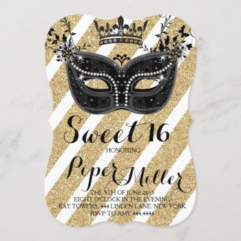 Black And Glitter Gold Masquerade Sweet 16 Invitation by ThreeFoursDesign at Zazzle