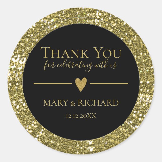 Black And Glitter Gold Wedding Thank You Favor Classic Round Sticker (Front)