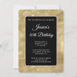 Black and Glittery Gold Ink 30th Birthday Invitation