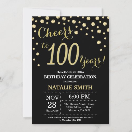 Black and Gold 100th Birthday Diamond Invitation