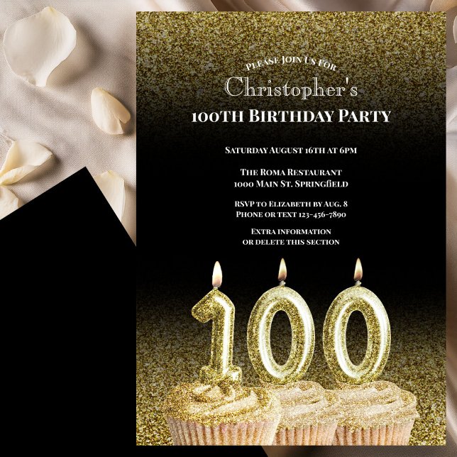 Black and Gold 100th Birthday Invitation For Him (Creator Uploaded)