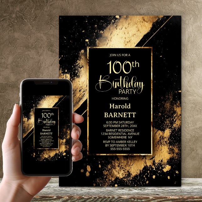 Black and Gold 100th Birthday Party Invitation (Creator Uploaded)