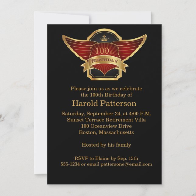 Black and Gold 100th Birthday Party Invitation (Front)