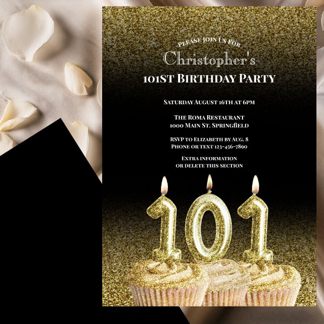 Black and Gold 101st Birthday Invitation For Him (Creator Uploaded)