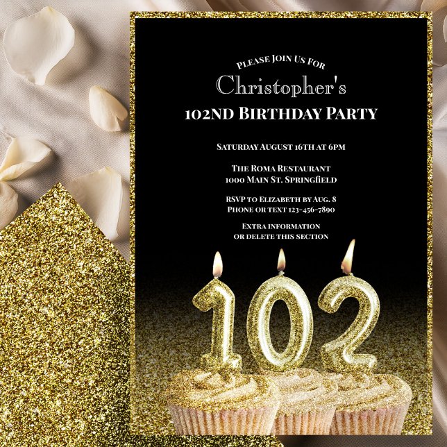Black and Gold 102nd Birthday Invitation For Him (Creator Uploaded)