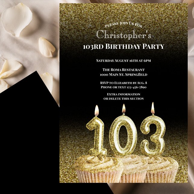 Black and Gold 103rd Birthday Invitation For Him (Creator Uploaded)