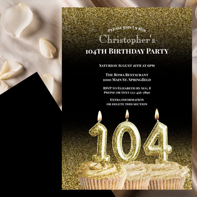 Black and Gold 104th Birthday Invitation For Him (Creator Uploaded)