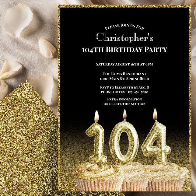 Black and Gold 104th Birthday Invitation For Him (Creator Uploaded)