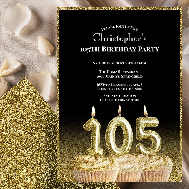 Black and Gold 105th Birthday Invitation For Him (Creator Uploaded)