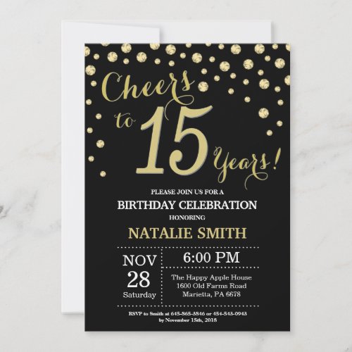 Black and Gold 15th Birthday Diamond Invitation