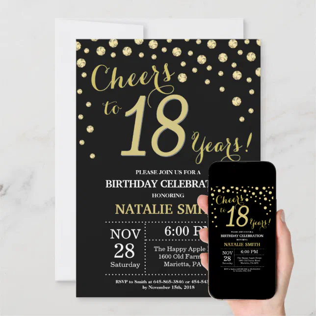 Black and Gold 18th Birthday Diamond Invitation | Zazzle