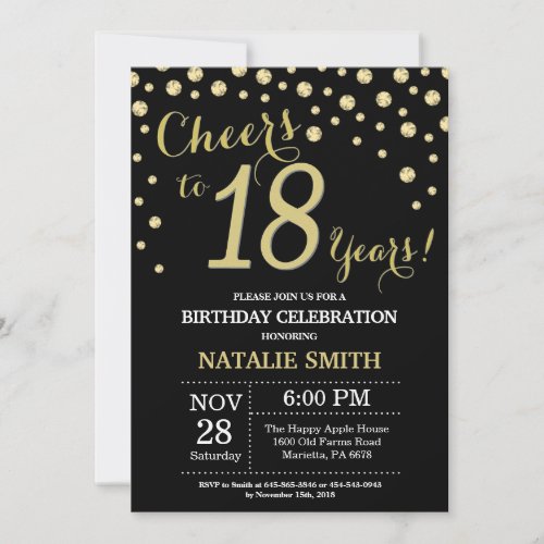 Black and Gold 18th Birthday Diamond Invitation