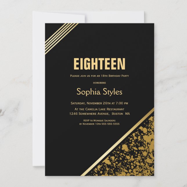 Black and Gold 18th Birthday Party Invitation (Front)