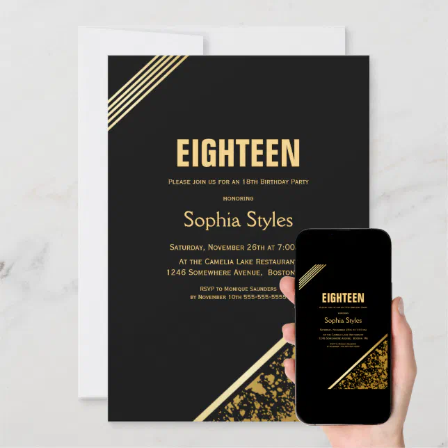 Black And Gold 18th Birthday Party Invitation Zazzle