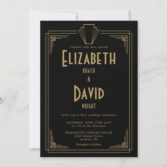 Black And Gold 1920s Art Deco Monogram Wedding Invitation (Front)