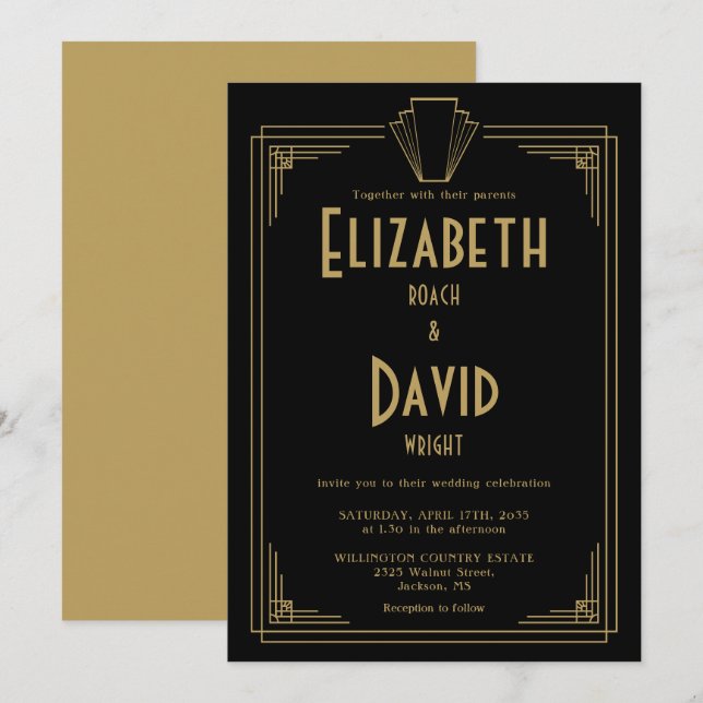 Black And Gold 1920s Art Deco Wedding Invitation (Front/Back)