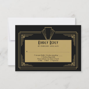 Black And Gold 1920s Art Deco Wedding RSVP Card