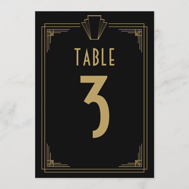 Black And Gold 1920s Art Deco Wedding Table Number (Front)