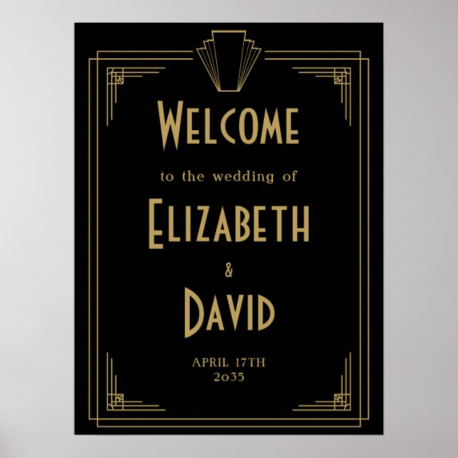 Black And Gold 1920s Art Deco Wedding Welcome Poster (Front)