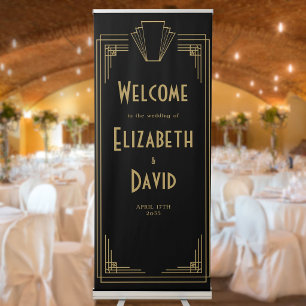 Black And Gold 1920s Art Deco Wedding Welcome Retractable Banner