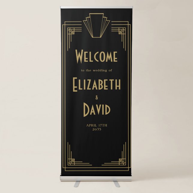 Black And Gold 1920s Art Deco Wedding Welcome Retractable Banner (Front)