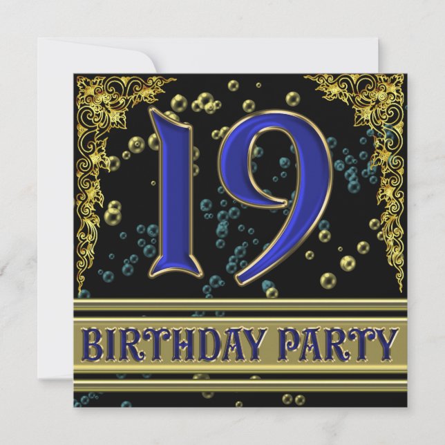 Black and Gold 19th Birthday party Invitation (Front)